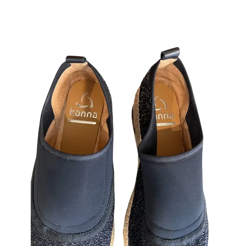 Kanna Spanish Espadrille Slip On Sneakers Black Metallic Sparkle 37